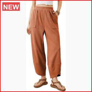 Cotton Blend Wide Leg Palazzo Pants with Elastic Waist and Pockets